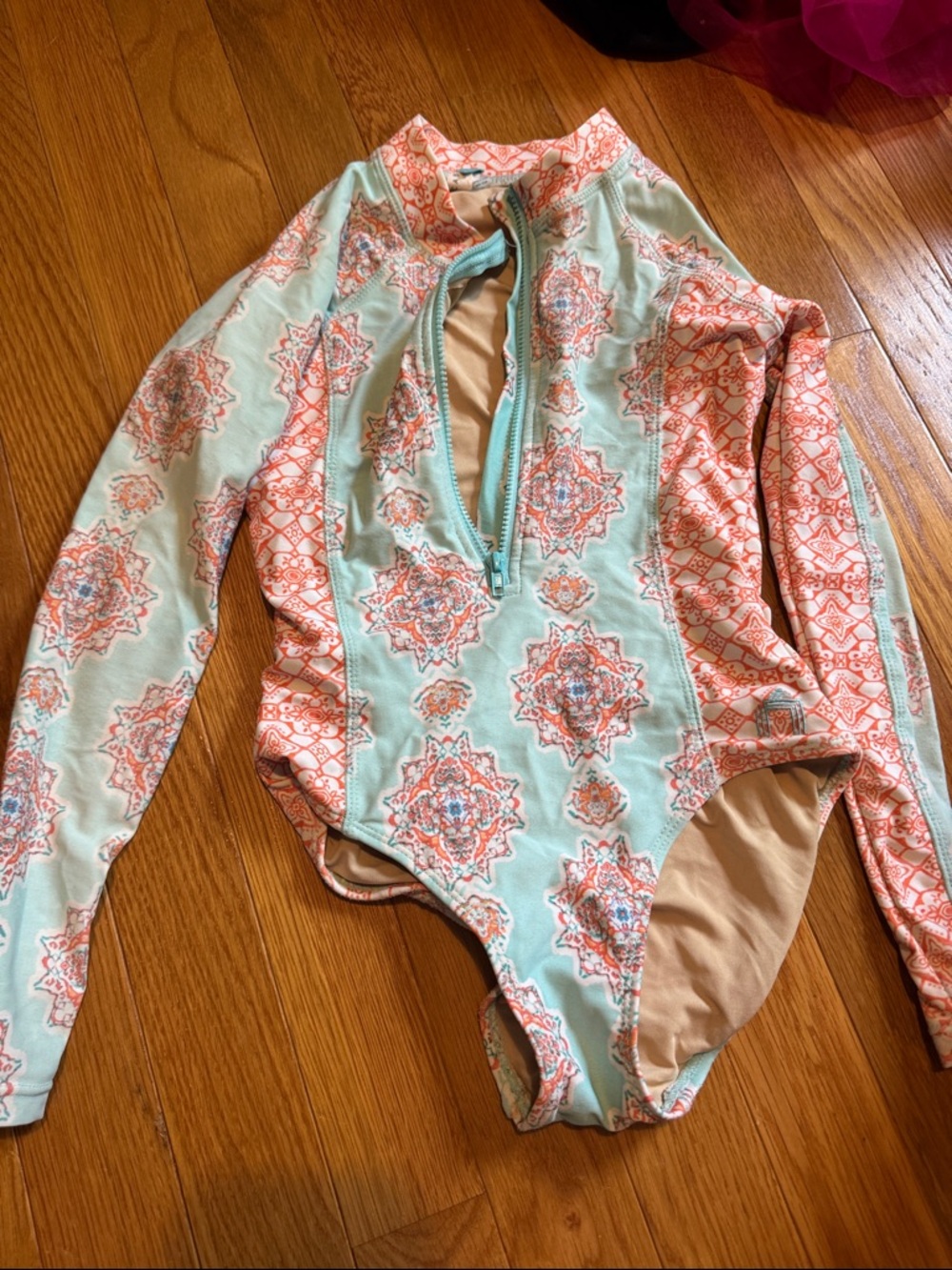 Cabana Life Girls Long-Sleeve One-Piece Swimsuit in Mint and Coral